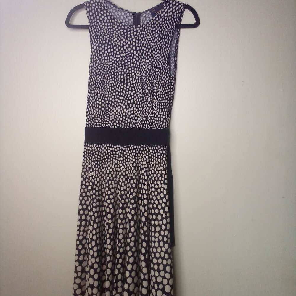 Just Taylor Dress Women 4 Sleeveless Ribbon Belt Back Zip Polka Dot Black Tan